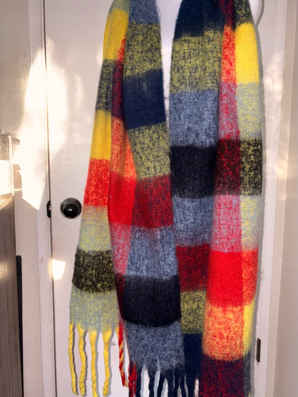 Diva Multicolor Plaid Fringe Throw - Yellow, Red, Blue, Gray